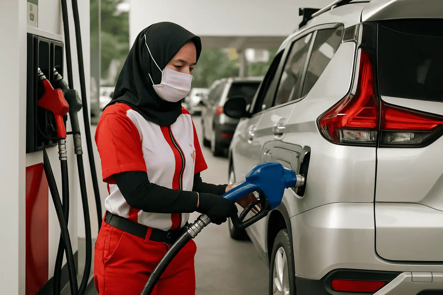 petugas SPBU sedang mengisi BBM dengan menggunakan nozzle SPBU